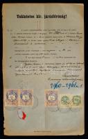 1896 Kérvény a verseci magyar királyi járásbírósághoz zálogjogok ügyében, 3 db 1 Ft-os, 1 db 25 krajcáros és 1 db 7 krajcáros illetékbélyeggel, rányomott viaszpecsét nyomával. A hátlapján a verseci bíróság szerb nyelvű határozata 1946-ból.