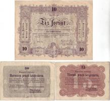 1848-49. 15kr + 30kr + 5Ft piros + 5Ft barna + 10Ft T:II