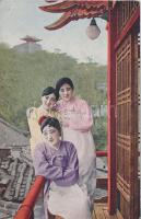 3 db RÉGI japán városképes és motívumlap; Chiyoda, Fushimi; hölgyek / 3 old Japanese town-view and m...