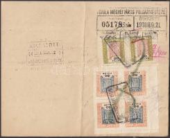 1926/1929 Gyula városi illetékbélyeg 20f pár + 50f négyestömb hivatalos iraton