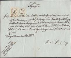 1858 1kr + 4kr hirdetvénybélyeg nyugtán