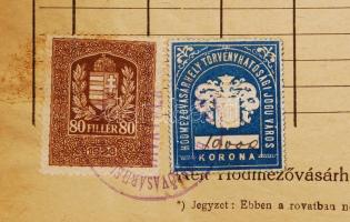 1927 Hódmezővásárhely városi illetékbélyeg 10.000 kézírással teljes iraton