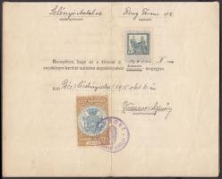 1908 Pécs városi illetékbélyeg 1K 1915-ös évi teljes iraton