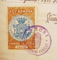 1908 Pécs városi illetékbélyeg 1K 1915-ös évi teljes iraton