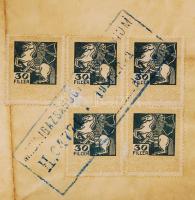 1908 Pécs városi illetékbélyeg 1K 1915-ös évi teljes iraton