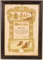 1937 Bp., A Magyar Kerékpáros Szövetség által kiadott díszes oklevél versenyen elért 3. helyezésért üvegezett keretben, 31x46 cm