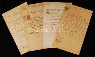 Régi okmányok rajtuk 15 kr, 50 kr, 50 f, 1 korona okmánybélyegekkel