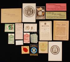 cca 1900-1950 22 darabos vegyes aprónyomtatvány-tétel: hirdetések, kenyérjegyek, reklámok, szórólapok, stb.