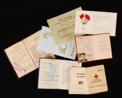 1947-1974 Kis okmány tétel (szakszervezeti igazolvány, Magyar Szocialista Munkáspárt tagsági könyv, nyugdíjas mozibérlet, napi belépőjegy az Országház folyosóira, Magyar Vöröskereszt)