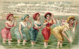 Henne und Küchlein / Hen and chickens, women humour, bathing suits litho (EB)