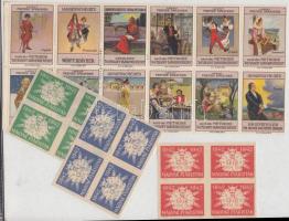 cca 1930-1942 12 db különféle levélzáró: Toussaint-Langenscheidt, valamint 3 db különféle színű négyes tömb, Magyar Piaristák