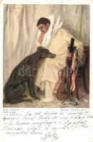 Zwei freunde / two friends, dog, Wiener Kunst, B.K.W.I. Nr. 1658. s: Hedwig Wollner, Két barát, kutya, gitár, Wiener Kunst, B.K.W.I. Nr. 1658. s: Hedwig Wollner