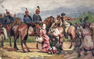 Az ellenségtől felmentett város népe üdvözli a bevonuló huszárokat / Hussars, Military WWI propaganda, Nr. 687. s: Gergely (EK)