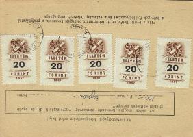 1968 5 db 20Ft okmánybélyeg hiányos alapnyomattal hivatalos válaszlevelezőlapon