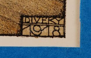 Divéky József (1887-1951): Fogadóban. Színezett litográfia, papír, jelzett, paszpartuban, 10x16 cm