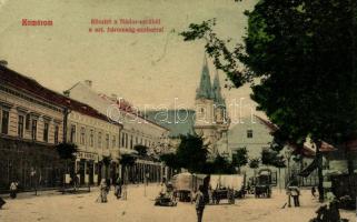 Komárom, Nádor utca, Szentháromság, Fektor György kereskedése / street with trinity and shop