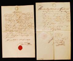 1820-1838 2 db német nyelvű okmány: egy bécsi házassági engedély és házassági elbocsátólevél, valamint egy holitzi (ma: Holice, Csehország) keresztlevél. Összesen 4 db rányomott viaszpecséttel. / 2 documents in German, a matrimonial licence (licentia ineundi matrimonium/Heiratsbewilligung) and matrimonial dismissal letter (sedem figendi/Entlassungsschein) from Wien, and a baptism letter from Holitz (nowadays Holice, Czech Republic). With 4 wax seals in total.