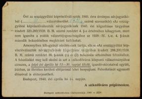 1940 Értesítő zsidó személyeknek a választási névjegyzékből történt kihagyásáról