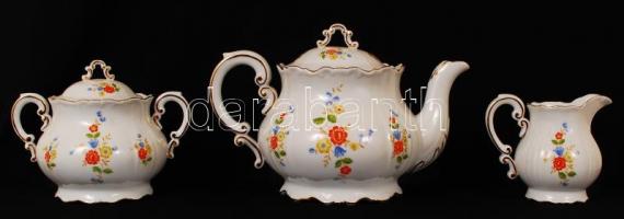 Régi Zsolnay porcelán hat személyes teljes teás készlet, matricás, jelzett, egy csészén hajszálreped...