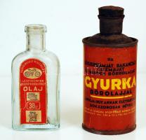 Régi Gyurka Bőrolaj fém doboz, m: 14 cm; 1 db régi kerékpárolajos üvegcse, m: 12 cm