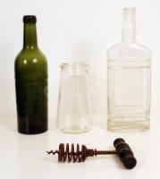 3 db régi üvegpalack (15, 26, 27 cm ), 1 db dugóhúzó