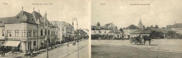 Léva, Kossuth tér 1902-ben és 1910-ben; Nyitrai és Társa Rt. kiadása / Kossuth square then and now; folding card (gluemark on backside)