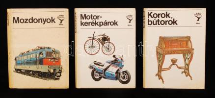 3 db Kolibri könyv-Korok, bútorok; Motorkerékpárok; Mozdonyok. Bp., 1984-1988, Móra Könyvkiadó. Kiadói kartonált kötés, színes ábrákkal illusztrált, kopottas állapotban, az egyik belső borítólapja hiányzik.