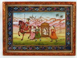 5 db-os indiai tétel: Bölcs zsírkő szobor; Úrhölgy és kísérete selyem kép, 27x19 cm; bronz szobor; k...