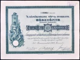 Rimaszombat 1909. A Gömörmegyei Nép- és Iparbank részvénye 200K-ról, szelvényekkel, felülbélyegzéssel, szárazpecséttel T:III