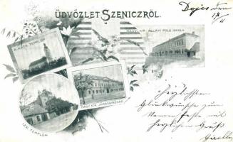 Szenice, Szenicz; Izraelita templom, járásbíróság / synangogue, court; floral