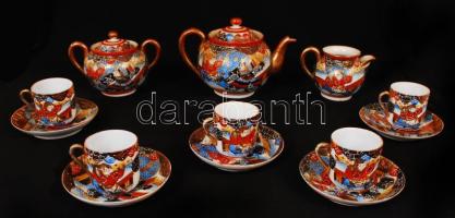 Kínai kézzel festett porcelán kávés készlet, 5 db csészével, 5 db csészealjjal, tejkiöntővel, cukortartóval, teáskannával, jelzett