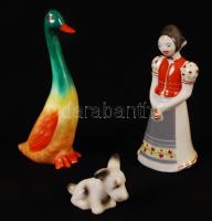 3 db Hollóházi porcelán figura (kacsa, kutya, lány), hibátlan, jelzett, m: 3 és 12 cm között