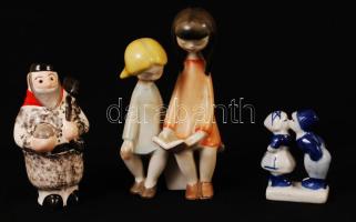 3 db porcelán és kerámia figura, jelzés nélkül, egyiken apró hajszálrepedéssel, m: 6 és 15 cm között