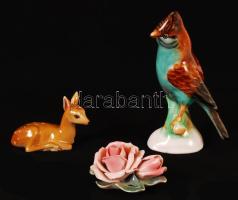 2 db porcelán figura (őz és rózsa), hibátlan, jelzett, 1 db kerámia madár