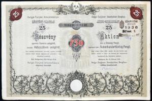 Budapest 1935. Salgó-Tarjáni Kőszénbánya Részvény-Társulat részvénye 750P-ről, szelvényekkel, szárazpecséttel, felülbélyegezve T:II-