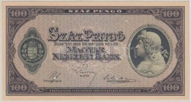 1926. 100P Lipcsében készült próbanyomat előoldala, hátlap üres, "SPECIMEN" perforációval, 4 kis lyukkal érvénytelenítve, papírránccal, ismeretlen vízjellel T:I- ragasztásnyom a hátoldalon, tűlyukak Hungary 1926. 100 Pengő only front printers proof with "SPECIMEN" perforation, cancelled by holes, with typographical crease, with unknown watermark C:AU gluemarked on the backside, pinholes Adamo SP16M/1