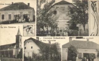 Őrihodos, Frim Zsigmond üzlete, Szukics Lukács féle vendéglő, Ágostoni hitvallású iskola és lelkészlak / shop, restaurant, school and rectory (fa)