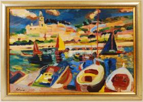 Schéner Mihály (1923-2009): Mediterrán város. Olaj, farost, jelzett, keretben, 50×70 cm