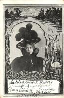 Hölgy kalappal, szecessziós képeslap, Lady, Art Nouveau