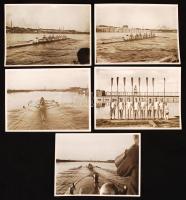 cca 1935 Tréningen az Európa-bajnok (1934) 8 pár evezős magyar hajó legénysége, 5 db sportfotó, lista mellékelve a sportolókról, 9x12 cm