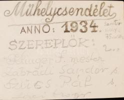 cca 1934 Reklámtáblák szabadtéri festőműhelyében (Bp., Király u. 75.), a képen szereplők felsorolásá...