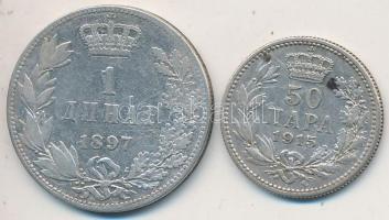 Szerbia 1897. 1D Ag "I. Sándor" + 1915. 50p Ag "I. Péter" T:3,2- Serbia 1897. 1 Dinara Ag "Alexander I" + 1915. 50 Para Ag "Peter I" C:F,VF