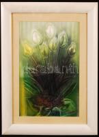 Macskássy Izolda (1945-): Virágcsokor. Vegyes technika, selyem kartonra kasírozva, üvegezett keretben, 41×27 cm