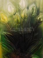 Macskássy Izolda (1945-): Virágcsokor. Vegyes technika, selyem kartonra kasírozva, üvegezett keretbe...