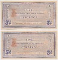 Fülöp-szigetek/Bacolod/Negros Occidental Provincial Currency Committee 1942. 5c (2x) sorszámkövetők ...