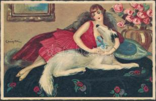 Ballerini & Fratini 316. Italian art postcard, lady with dog s: Chiostri