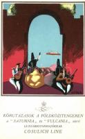 Körutazások a Földközi-tengeren a Saturnia és Vulcania nevű luxusmotorhajókkal, Cosulich Line / Cosulich S.T.N. ship company advertisement, litho s: Settala