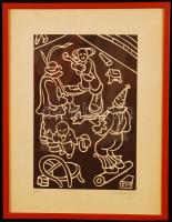 Farkasházy Miklós (1895-1964): Zenebohócok. Linó, papír, jelzett, üvegezett keretben, 30×20 cm