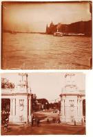 1896 Budapest, Városliget, a Millenniumi kiállítás bejárata és a Dunán közlekedő lapátos gőzhajó 8x11 és 9x12 cm