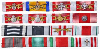 ~1860. "A Lipót-rend lovagkeresztje hadidíszítménnyel és kardokkal" miniatűr szalagsávon + "A Vaskorona Rend III. osztálya hadidíszítménnyel és kardokkal" miniatűr szalagsávon + "A Katonai Érdemkereszt III. osztálya hadidíszítménnyel és kardokkal" miniatűrök szalagsávon (2x) + 1890. "Ezüst Katonai Érdemérem a katonai érdemkereszt szalagján kardokkal" miniatűrök szalagsávon (2x) + "Bronz Katonai Érdemérem a katonai érdemkereszt szalagján kardokkal" miniatűr szalagsávon + 1916. "Károly-Csapatkereszt" miniatűr szalagsávon + 1915. "Vörös Kereszt II. Osztályú Díszjelvénye" miniatűr szalagsávon + szalagsáv kardokkal + 6db klf szalagsáv, mindegyik szalagsáv kartonra fűzve, és négyesével összevarrva T:1,1-,2,2- Hungary ~1860. "Order of Leopold, Knight's Cross with a war decoration and swords" miniature on thin ribbon + "Imperial Order of the Iron Crown, III Class with War Decoration and Swords"  miniature on thin ribbon + "Military Merit Cross, 3rd Class, with a war decoration and swords" (2x)  miniatures on thin ribbons + 1890. "Silver Military Merit Medal on a war ribbon with swords" (2x)  miniatures on thin ribbons + "Bronze Military Merit Medal on a war ribbon with swords" miniature on thin ribbon + 1916. "Karl Troop Cross" miniature on thin ribbon +  1915. "Red Cross, Badge of Honour, 2nd Class" miniature on thin ribbon + thin ribbon with swords + 6pcs of diff. thin ribbons (each four sewn together) C:UNC,AU,XF,VF